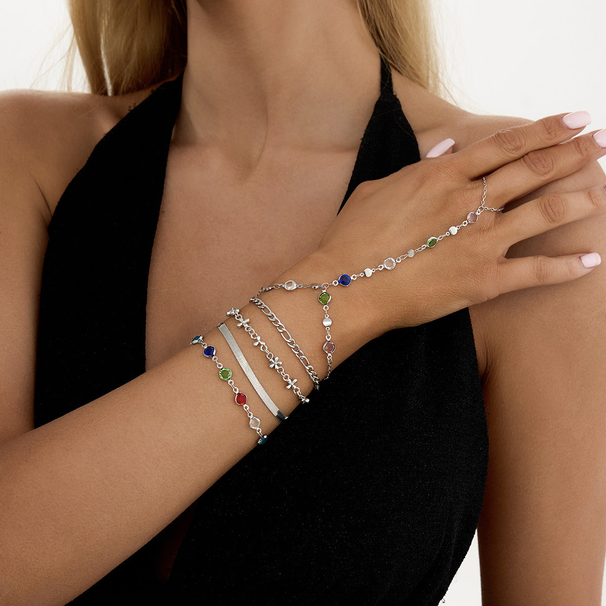 Planderful Crystal Finger Bracelet Set for Women Multi Layered Slim Chain Statement Jewelry Vienna Verve