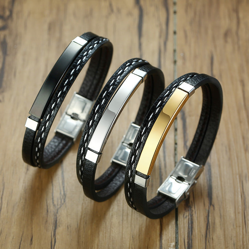Stainless Steel Leather Bracelet Curved PU Leather Woven