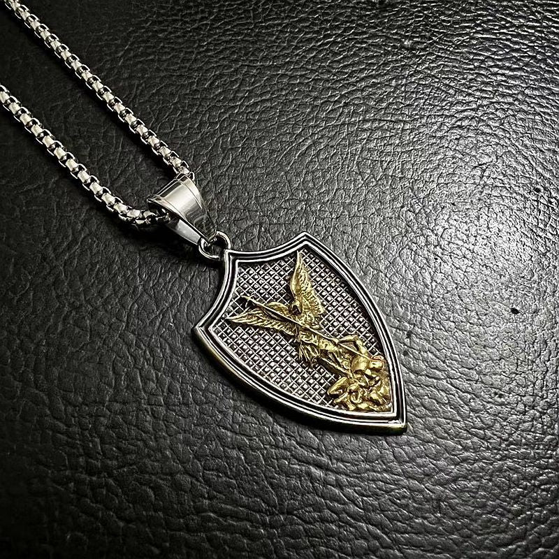 Steel Necklace - Vintage Saint Michael Shield Pendant