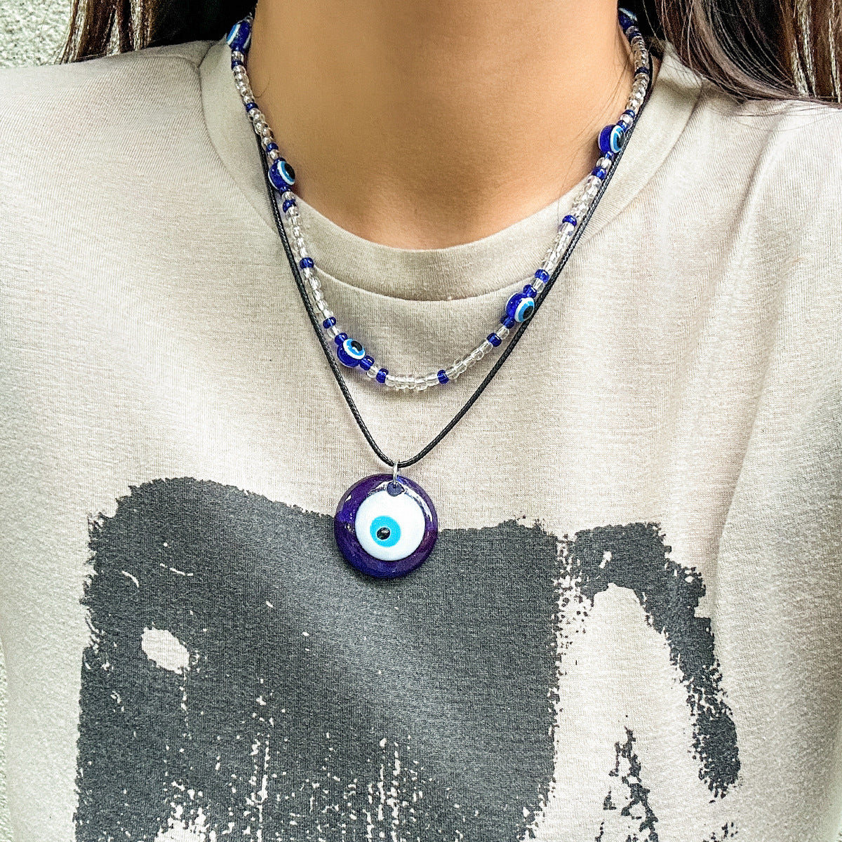 European and American Jewelry: Retro Beaded Eye Collar Necklace Set with Ethnic Color Contrast