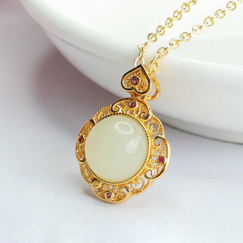 Round Hollow Edge Hetian Jade Necklace with Sterling Silver Chain