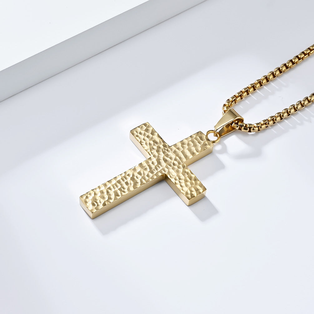 New Irregular Hand-Beaten Titanium Steel Cross Necklace