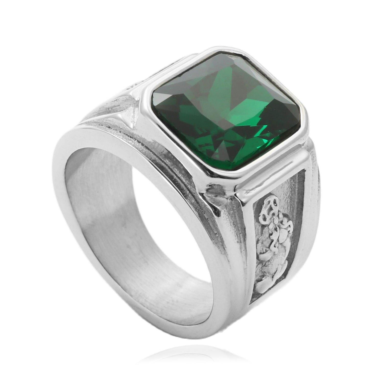 Titanium Steel Pixiu Ring with Green Stone - Retro Punk Style for Men