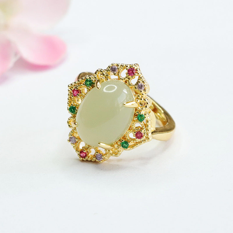Vibrant Zircon and Hotan Jade Sterling Silver Ring