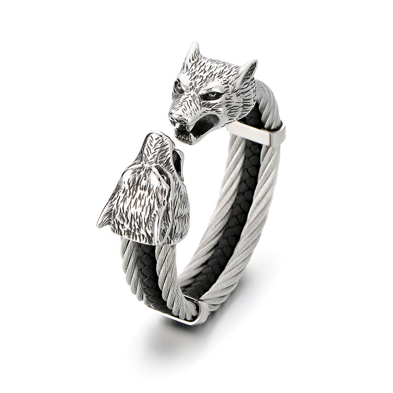 Planderful Mens Open Leather Bracelet With Double Wolf Head