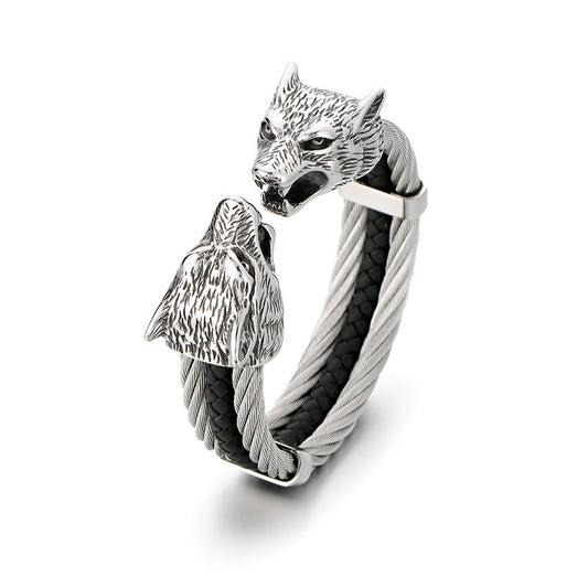 Planderful Mens Open Leather Bracelet With Double Wolf Head