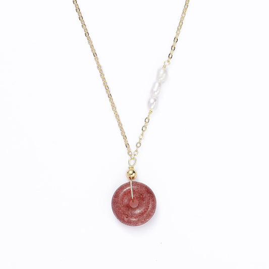 Strawberry Crystal Peace Necklace with Gold Plated Lock and Freshwater Pearl Splice