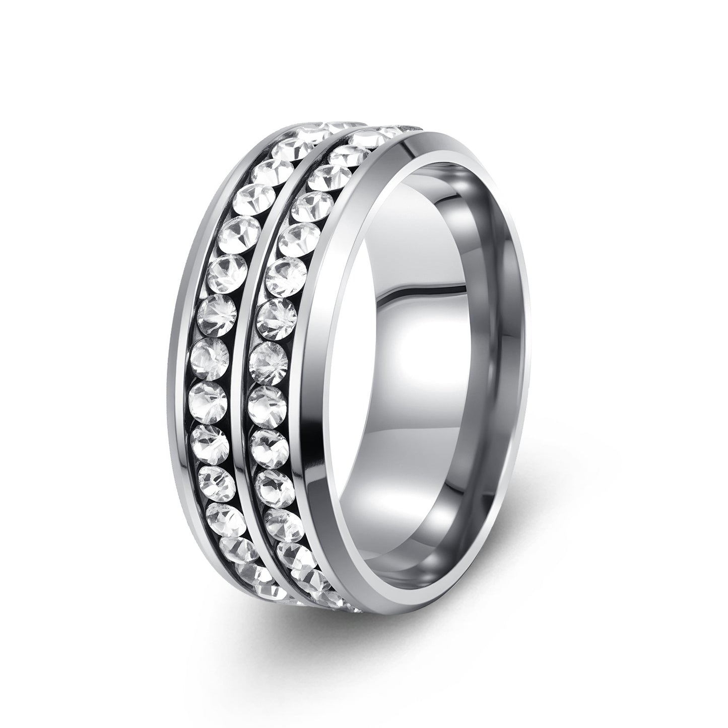 Planderful Premium Titanium Steel Zircon Ring Everyday Genie Double Row Unisex Jewelry