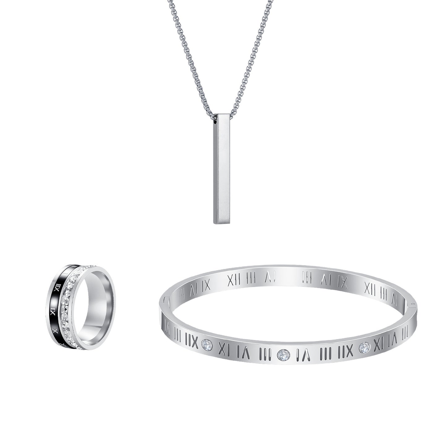 Roman Numeral Ring Bracelet Necklace Set by Planderful Everyday Genie Stainless Steel Personalized Jewelry for Women