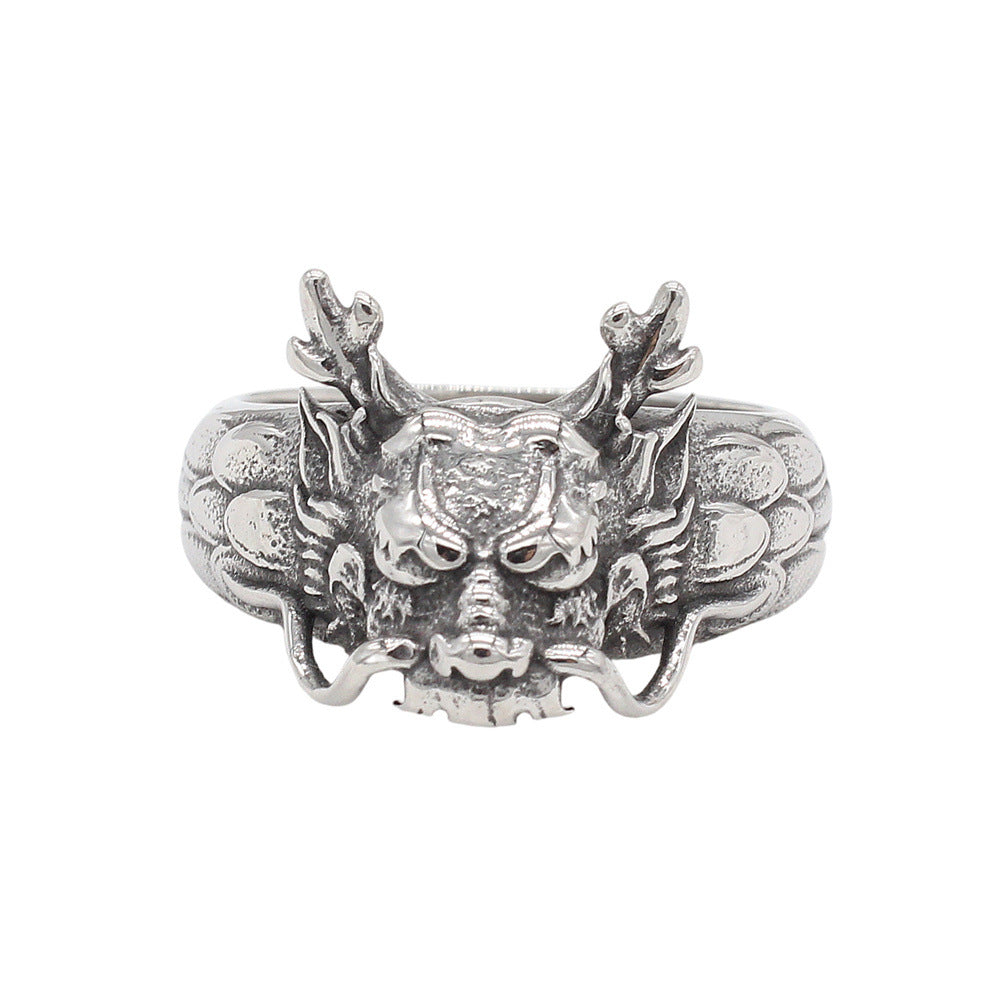 Planderful Dragon Head Titanium Ring For Men And Women Unisex Retro Chinese Style Statement Jewelry