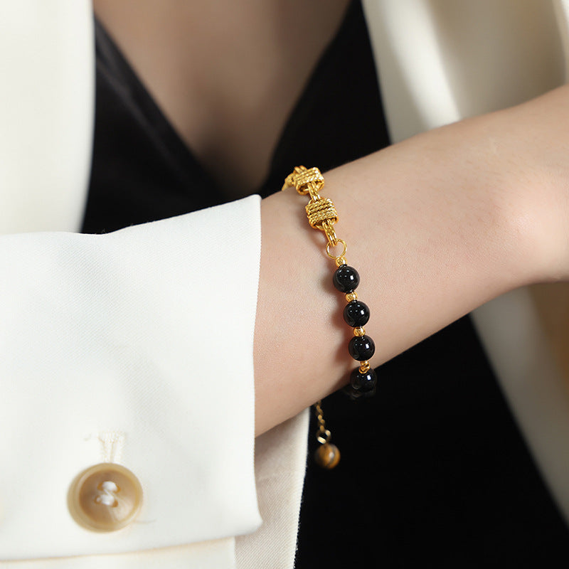 Luxury Handmade Brass Freshwater Pearl and Black Agate Bracelet