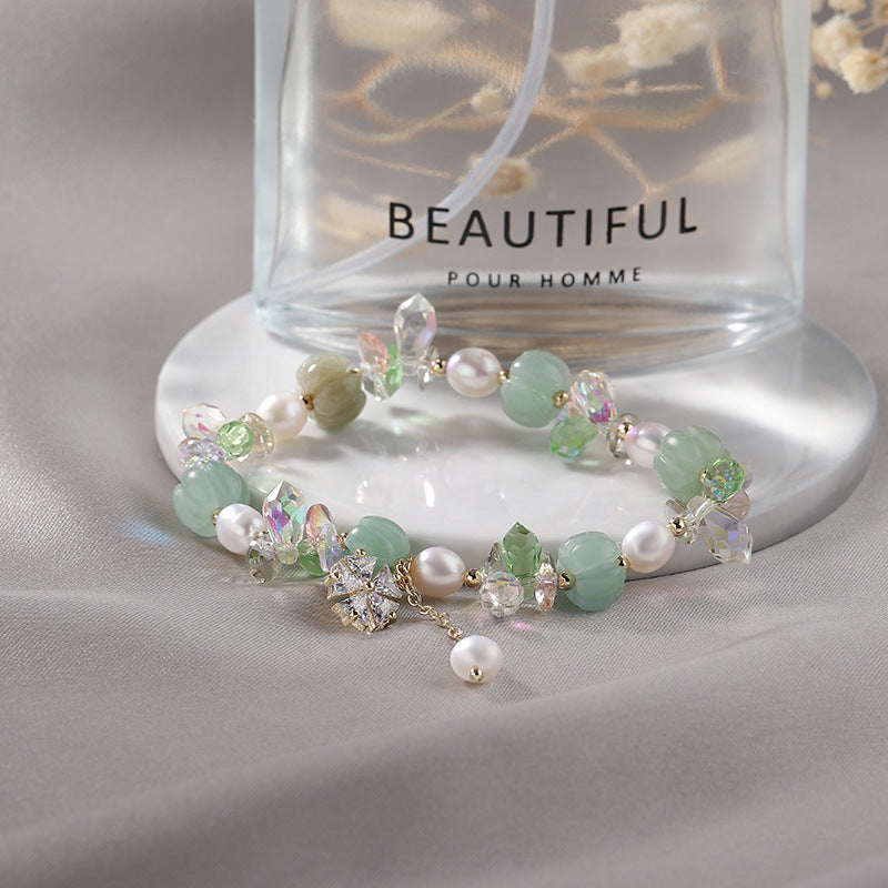 Fortune's Favor: Sterling Silver Crystal Zircon Flower Pearl Jade Beaded Bracelet