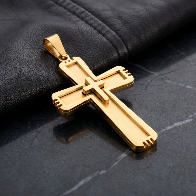 Functional Vacuum Electroplating Mixed Color Double Layer Embedded Small Cross Toothed Stainless Necklace