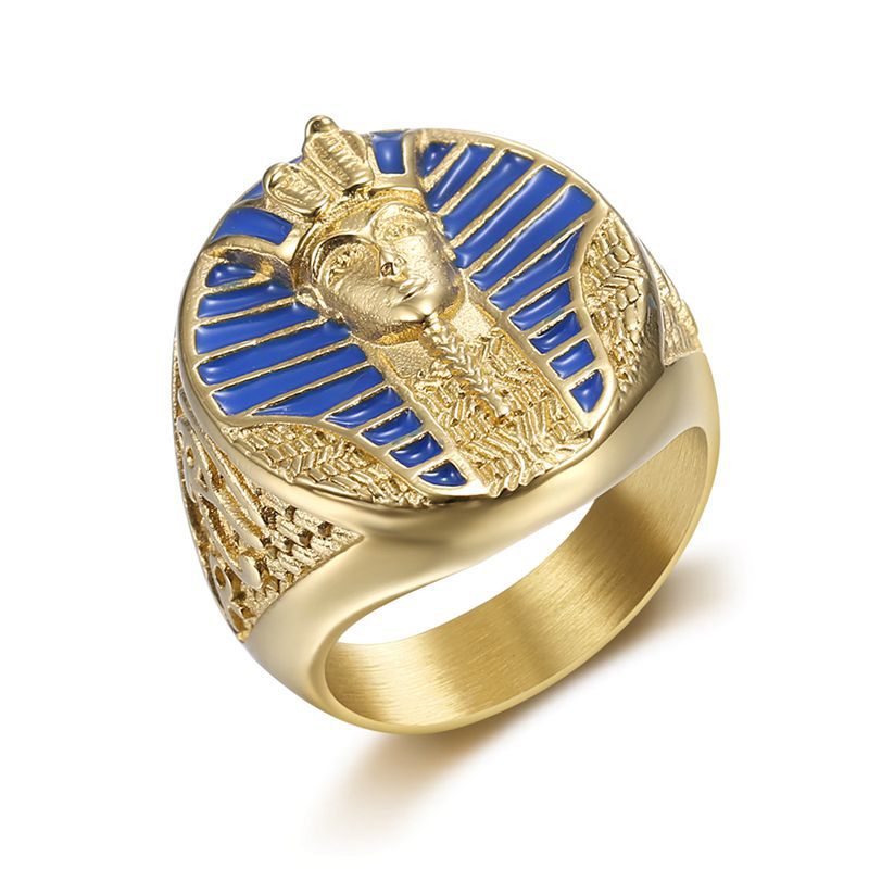 Planderful Titanium Steel Gold Plated Horus Eye Ring For Men Blue Gel Egyptian Pharaoh Symbol