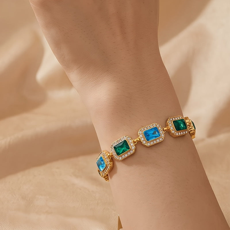 Color Surrounding Square Zircon Stainless Steel Bracelet Palace Style Adjustable