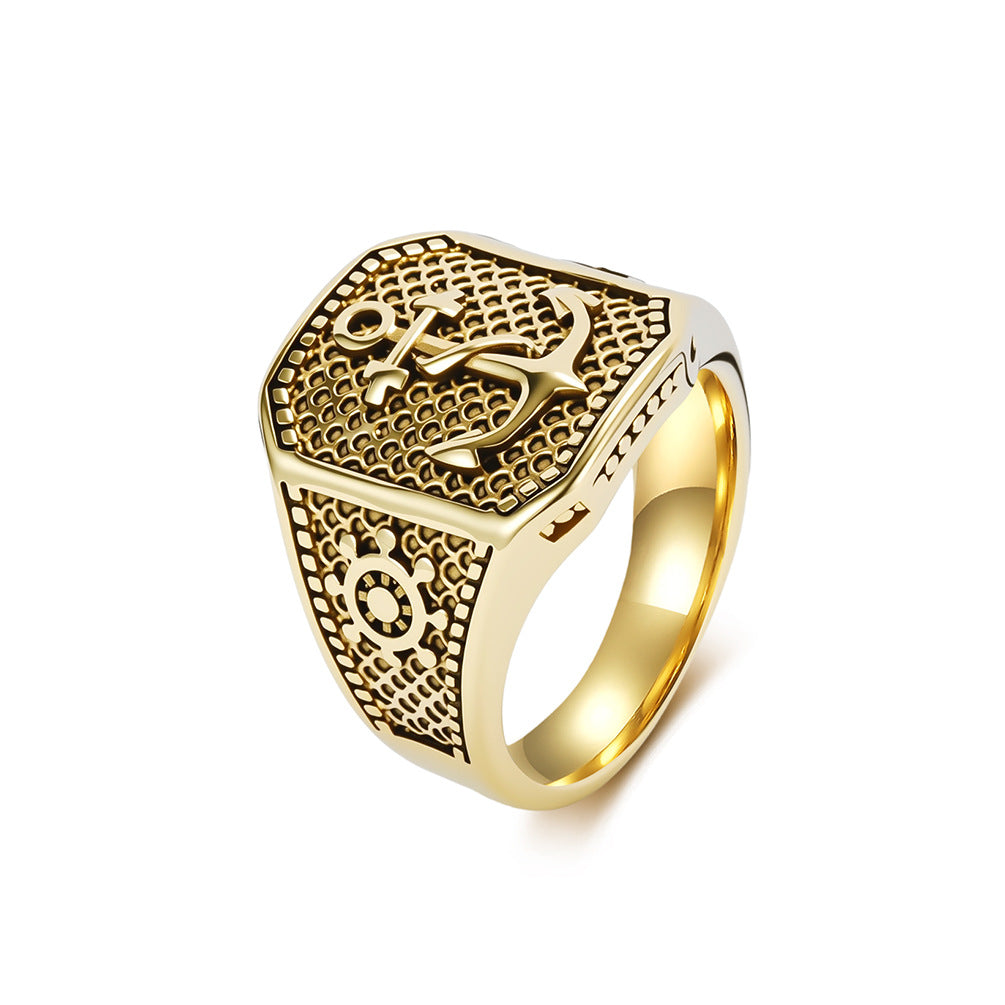 Nautical Anchor Ship Wheel Textured Vintage Stainless Steel Ring for Men