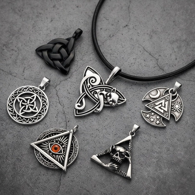 Nordic Celtic Symbol Retro Mysterious Sun And Moon Pentagram Inlaid With Opal Triangle Necklace