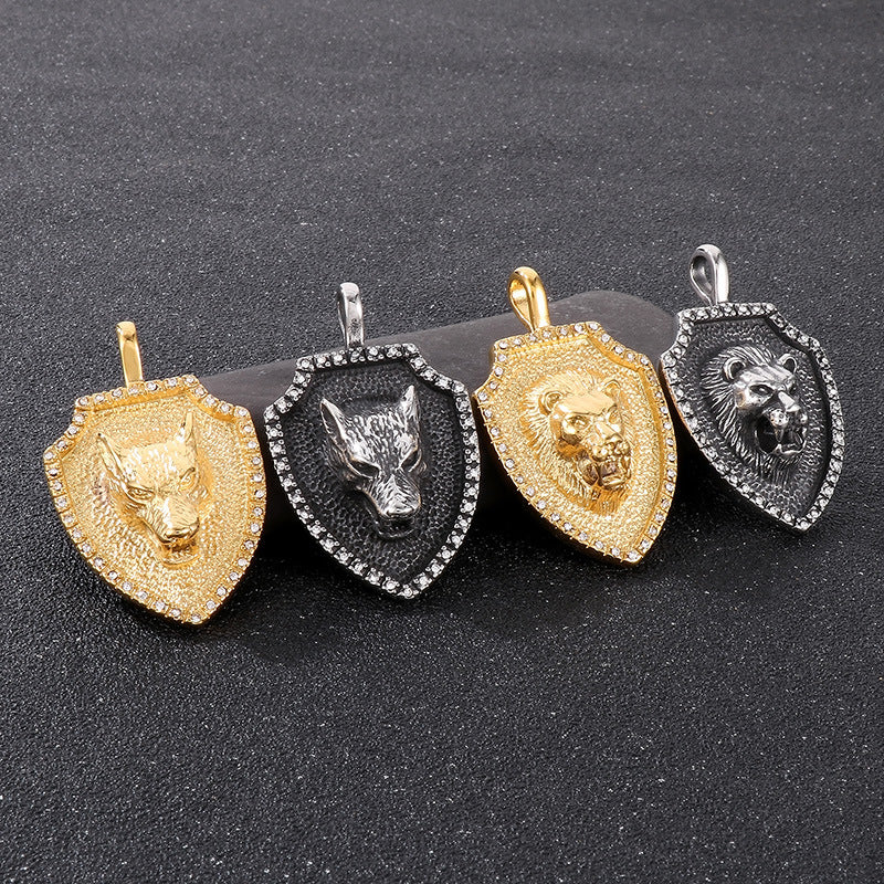 Retro Classic Hip-Hop Lion Head Shield Pendant with Zircon-Encrusted Wolf Head in Stainless Steel for Men