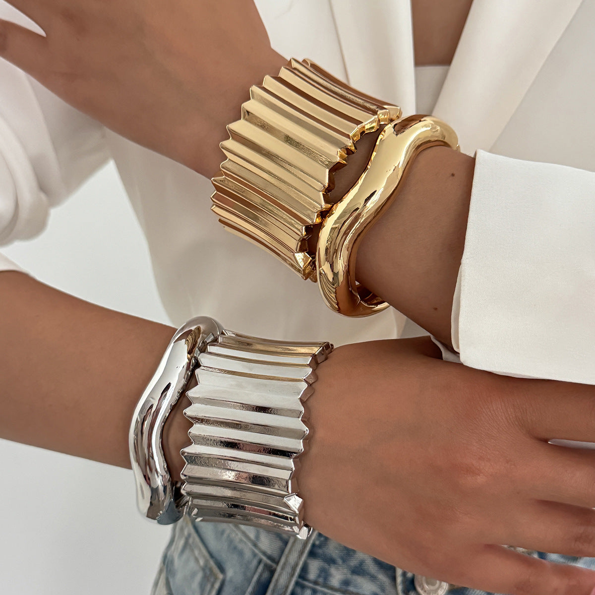 Planderful Vienna Verve Bold Statement Wide Face Bracelet For Women Exaggerated Three Dimensional Striped Design