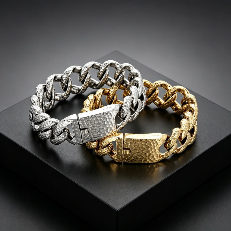 20mm Wide Hammer Pattern Cuban Chain Heavy Industry Street Texture Stainless Steel Men's Bracelet
