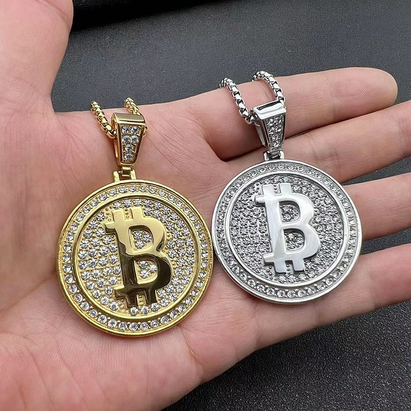 Bitcoin B Pendant Necklace By Planderful Everyday Genie Gold Plated Steel West Coast Hip Hop Style For Crypto Fans