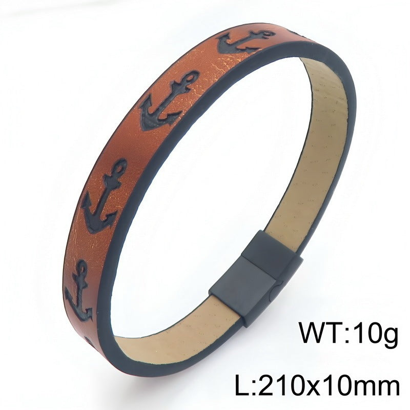 Western Nautical Anchor Cross Leather Rope Bracelet 10mm Embossed Totem Imitation