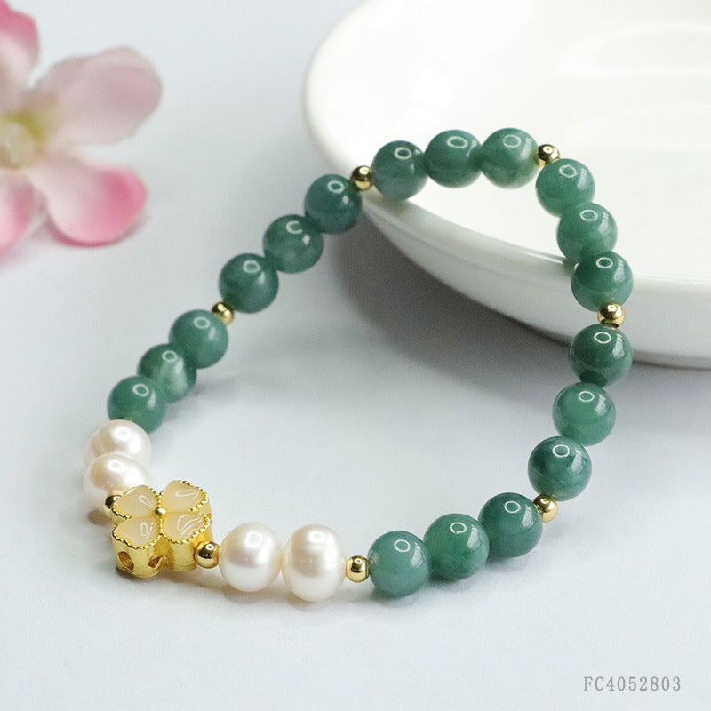Blue Water Jadeite Four-Leaf Clover & Pearl Beaded Bracelet