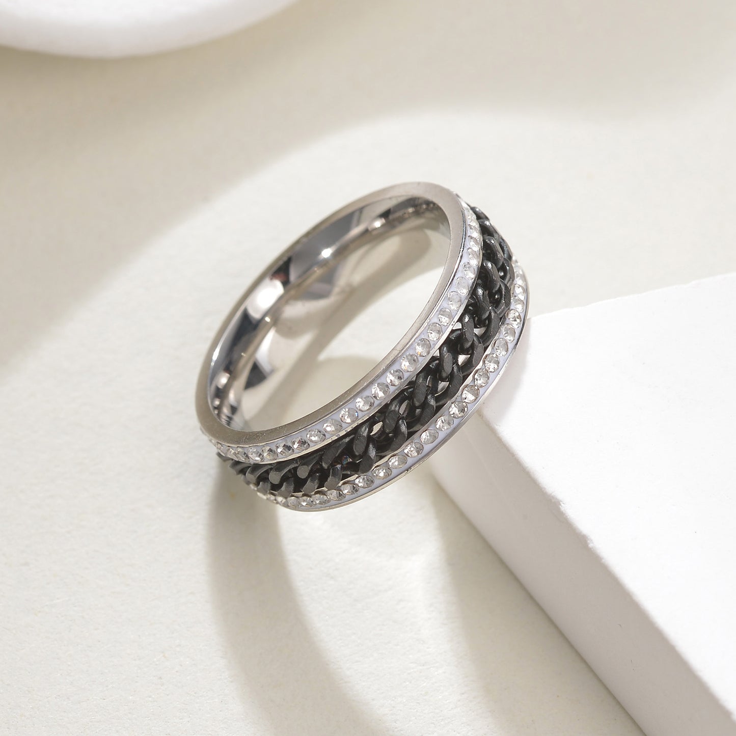 Planderful Everyday Genie Stainless Steel Rotatable Chain Double Row Zircon Couple Ring For Unisex