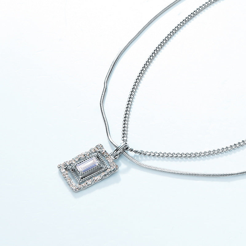 Rectangle Zircon with Wavy Halo Double Layers Sterling Silver Necklace