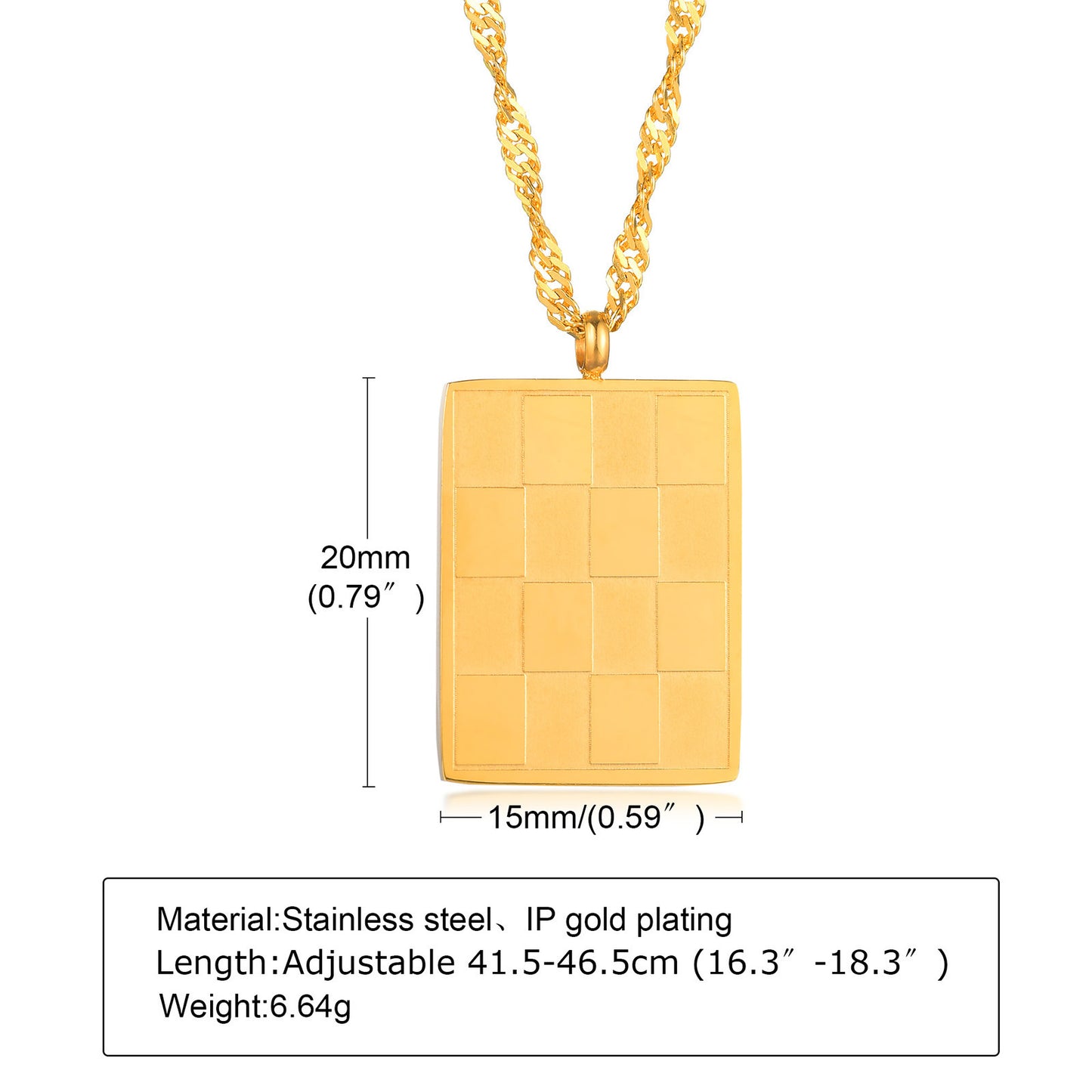Stainless Steel Gold Checkerboard Geometric Pendant Necklace