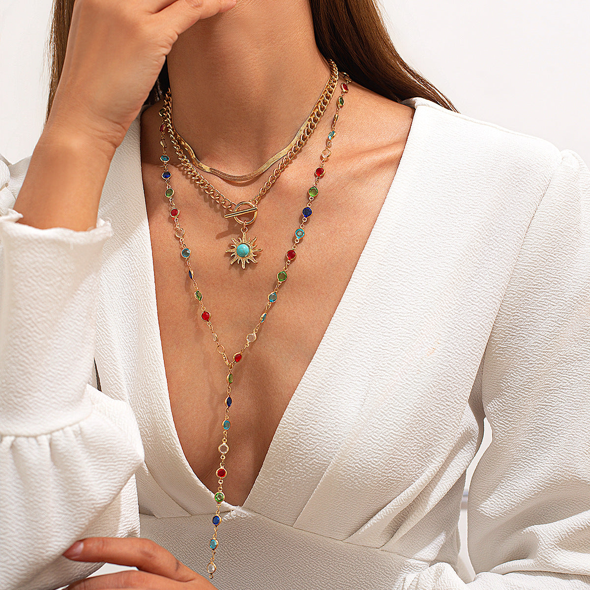 Sun Pendant Crystal-Style Layered Necklace Set