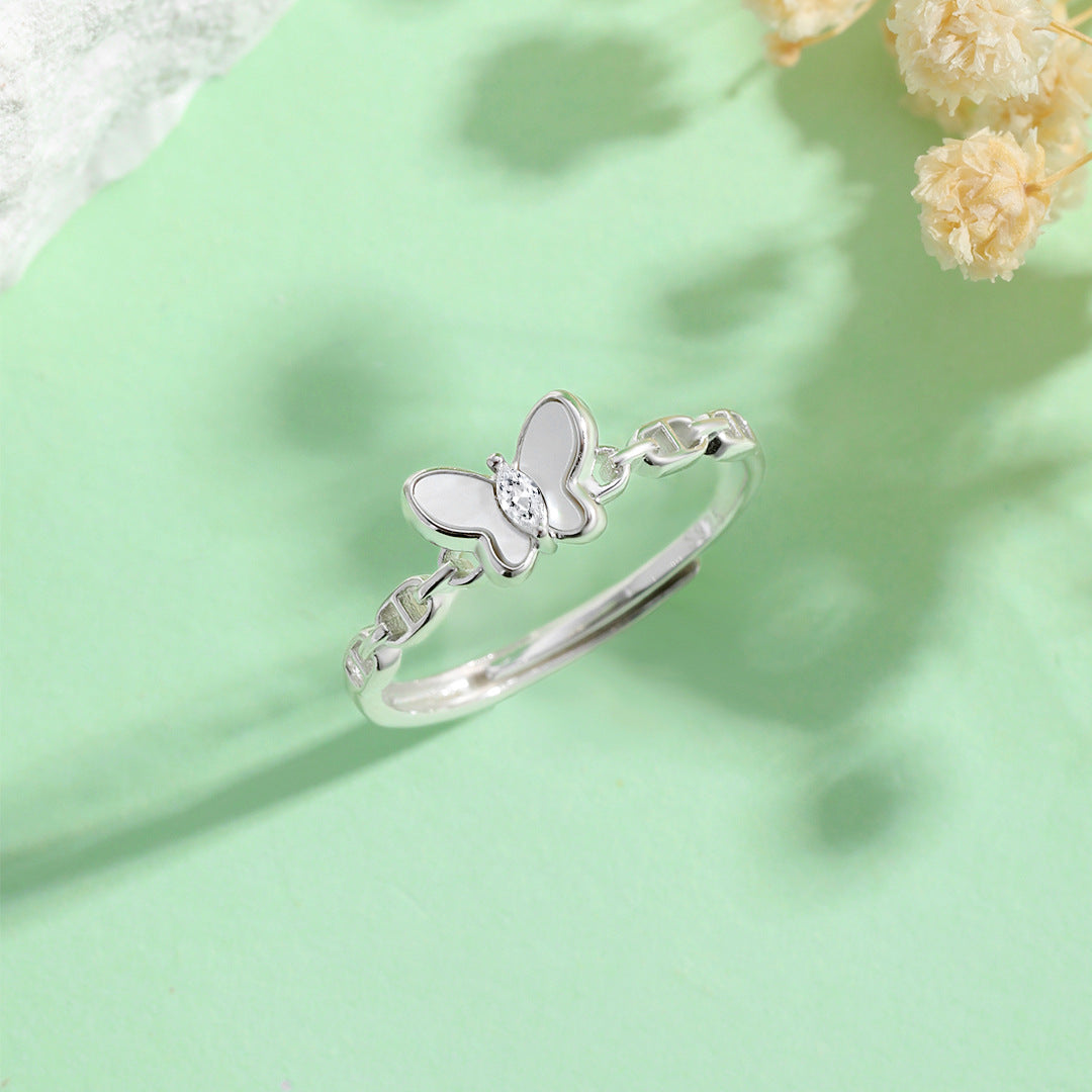 Planderful Everyday Genie Ins Simple Butterfly White Shell Zircon Ring Women’s 925 Sterling Silver Niche Design Small Fresh Tide Ring