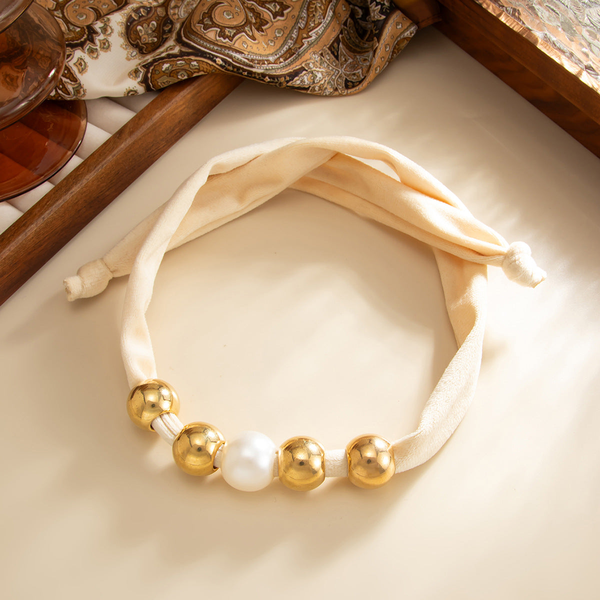 Knotted Fabric Pearl Bead Necklace