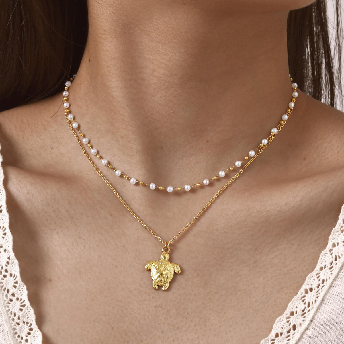 Summer Seaside Ocean Wind Stainless Steel Turtle Imitation Pearl Double Layer Necklace