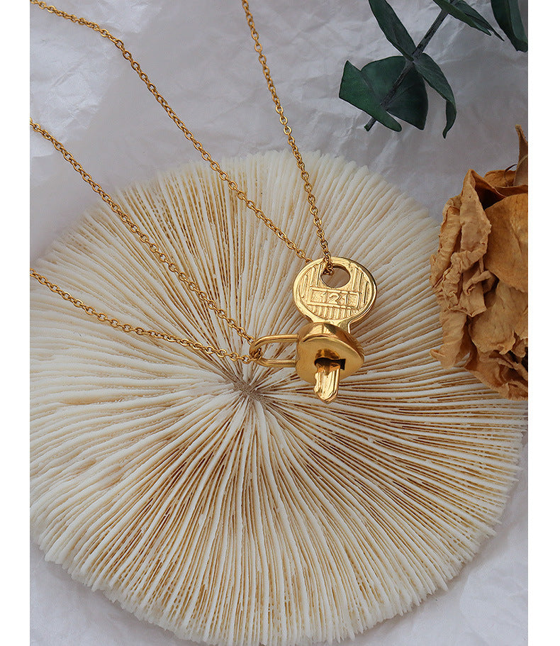 French-Inspired Titanium Steel Key Lock Pendant Necklace with 18k Gold Chain - Couple Necklace Set