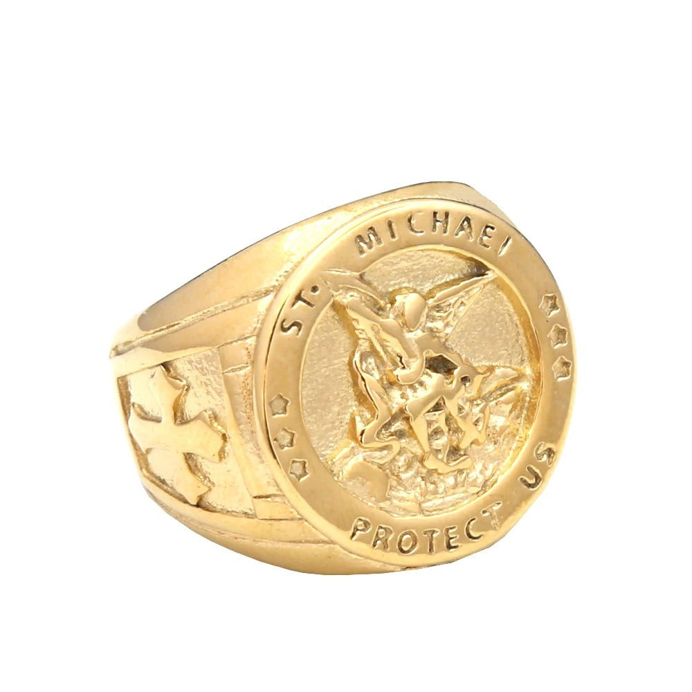 Planderful Archangel Michael Titanium Steel Ring With Angel Wings Cross For Men Mythic God Of War Design