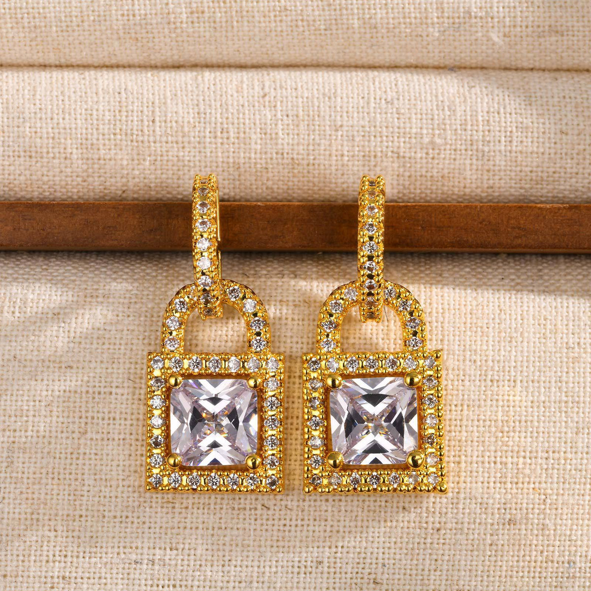 Gold-Tone Crystal Padlock Drop Earrings