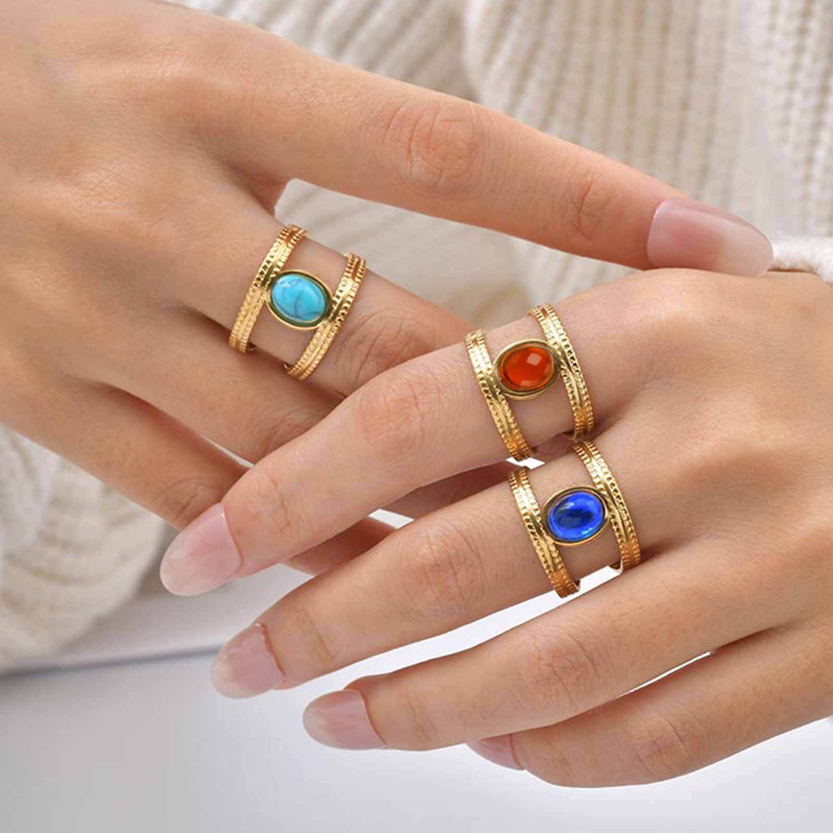 Stainless Steel French Color Amber Stone Double Open Ring