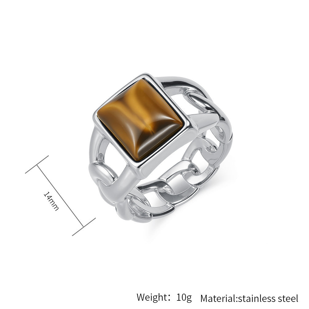 Planderful Everyday Genie Tiger Eye Titanium Steel Ring For Men Geometric Hollow Cuban Chain