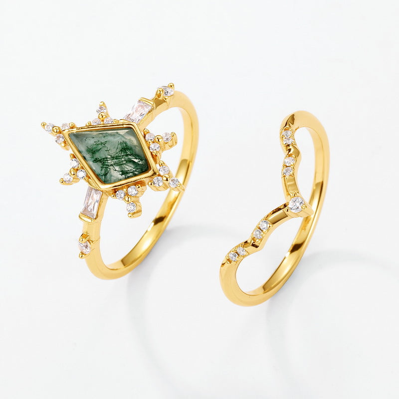 Planderful Jewelry Green Moss Agate Ring In Sterling Silver With Gold Plating For Everyday Elegance