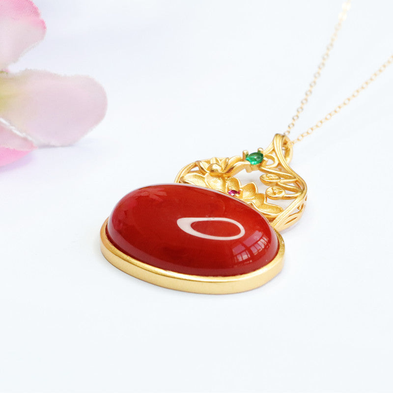 Agate Gourd & Lotus Silver Pendant — No Chain