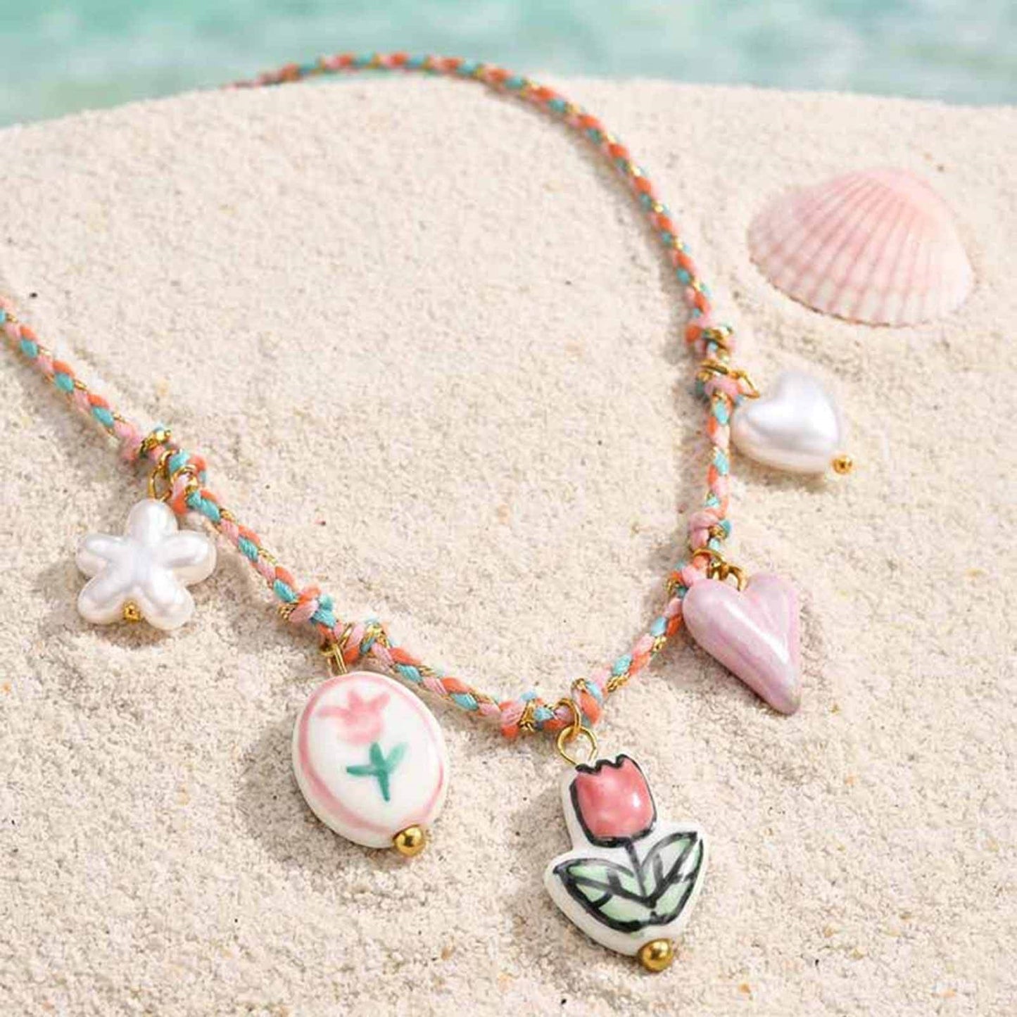 Dopamine Necklace Stainless Steel Ceramic Flower Heart Shaped Imitation Pearl Braided