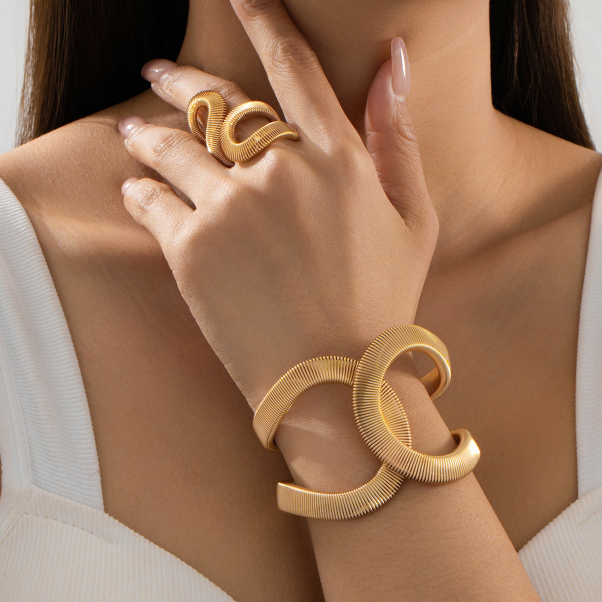 Exaggerated Alloy Bracelet Ring Set for Women by Planderful