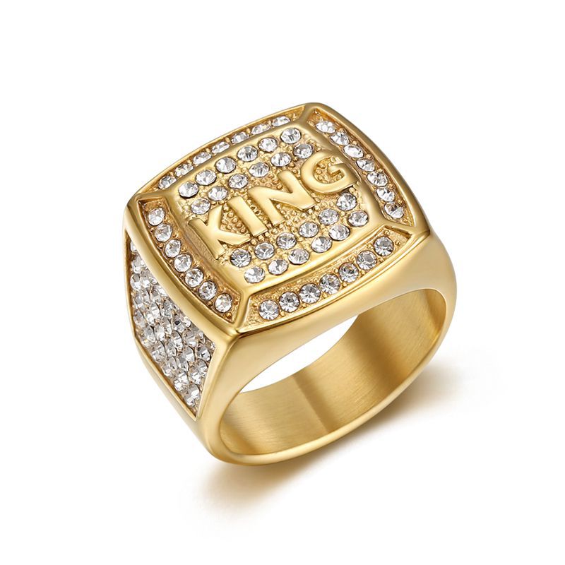 Planderful Everyday Genie Hip Hop Ring Titanium Steel Gold Plated Rhinestone King Mens Ring