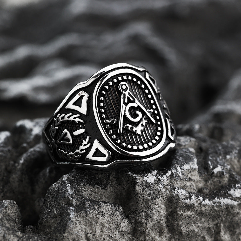 European And American Retro Stainless Steel Men's Ring Personalized Solid Masonic AG Ring For Men