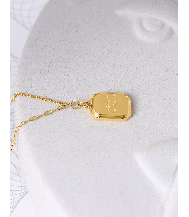 Golden Square Double Letter Pendant Choker Necklace - Women's Titanium-plated Clavicle Chain