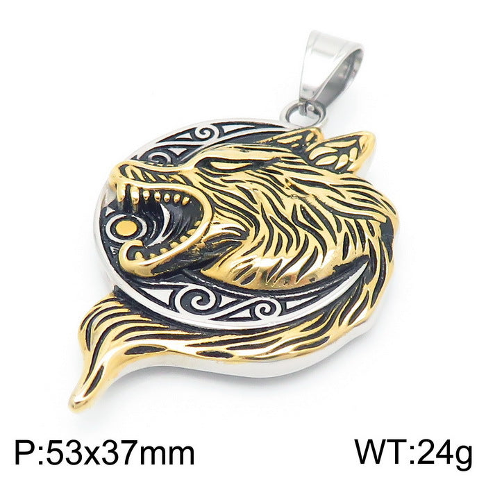Retro Viking Wolf Head Pendant Necklace for Men in Stainless Steel and Titanium Gold