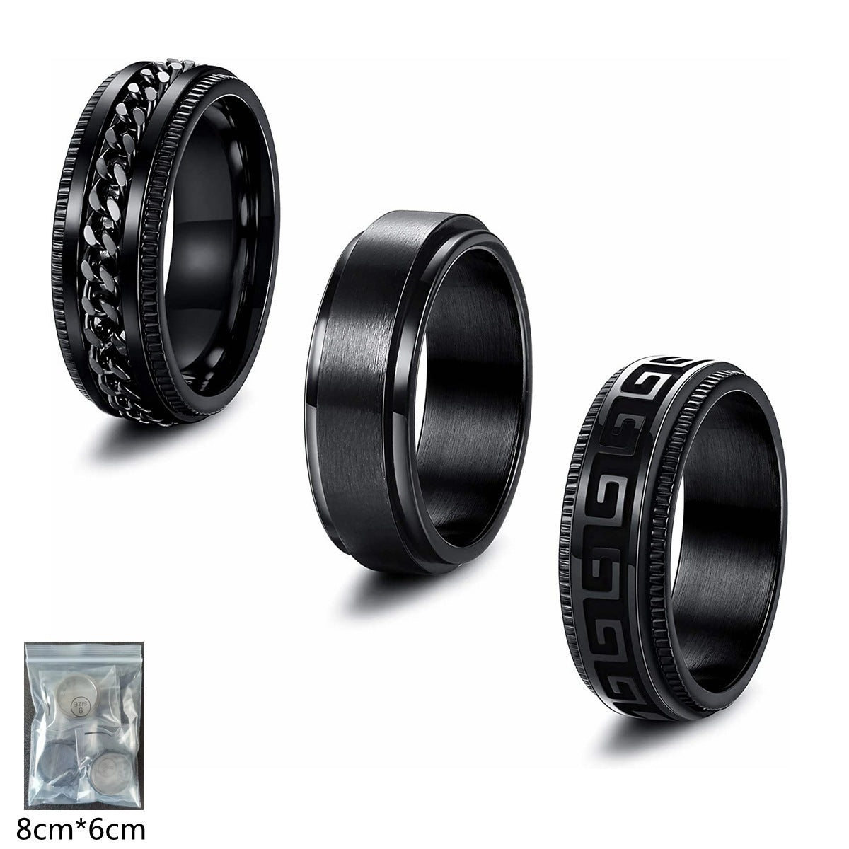 Rotating Pressure Reducing Men's Titanium Steel Ring Set, Black Electroplated - Size 6-13