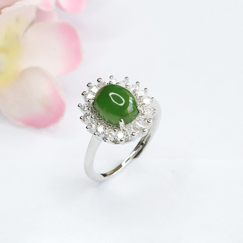 Fortune's Glow Hetian Jade Sterling Silver Ring with Green Jasper, Zircon, and Sunflower Detail