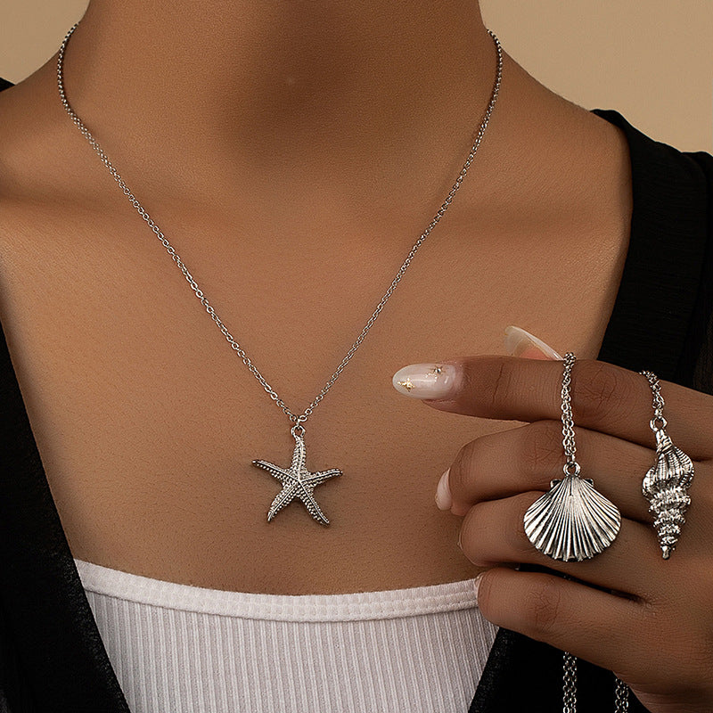 Alloy Starfish and Conch Shell Pendant Necklace - Vienna Verve Collection
